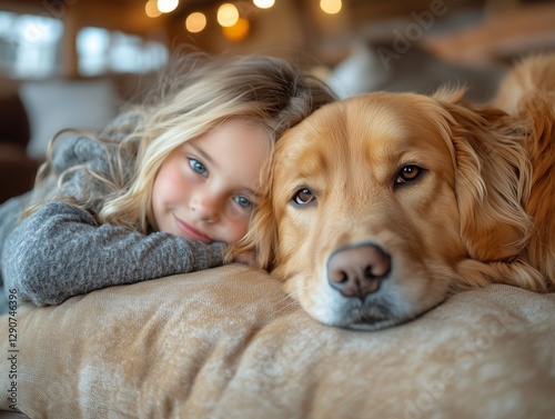 Hund kuschelt mit Kindern auf dem Sofa