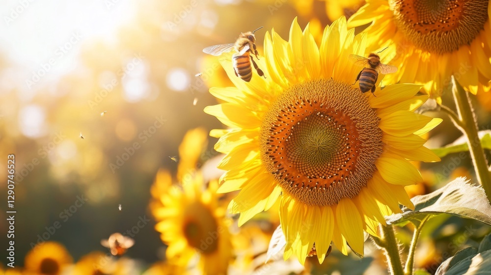 Fototapeta premium A vibrant image of bees buzzing around sunflowers, emphasizing the importance of pollinators in nature and the beautiful relationship between plants and wildlife