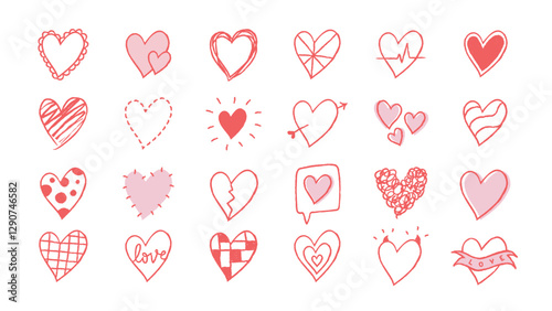 A collection of red and pink heart doodles. Various heart shapes, heart patterns, and heart designs. Love-themed hearts, playful heart illustrations. Cute hand drawn love doodle, element set. Vectors.