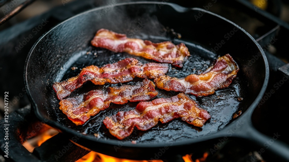 A warm and inviting image of bacon cooking in a cast-iron skillet, with golden-brown edges and the mouthwatering aroma wafting through the air A warm and inviting image of bacon cooking in a cast-iron skillet, with golden-brown edges and the mouthwatering aroma wafting through the air