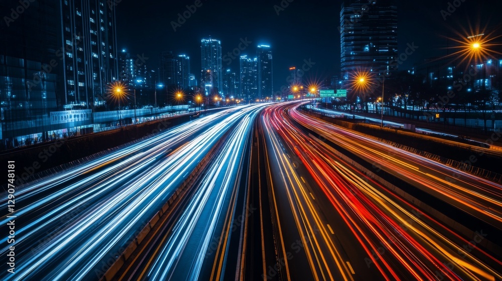 Busy highway at night with long exposure light trails from vehicles, capturing the dynamic energy of urban transportation and movement Busy highway at night with long exposure light trails from vehicles, capturing the dynamic energy of urban transportation and movement