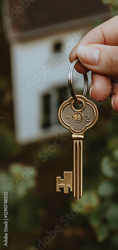 A hand holds a large ornate gold key against a blurred background of a house.  The image symbolizes new beginnings, homeownership, opportunity, and success.