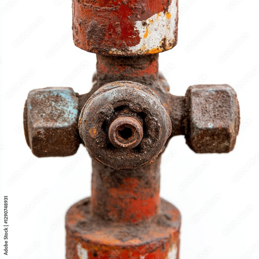 Close-up of an oil well valve, captured with clarity and precision, set against a white background for easy integration into designs, highlighting its heavy-duty construction. Close-up of an oil well valve, captured with clarity and precision, set against a white background for easy integration into designs, highlighting its heavy-duty construction.