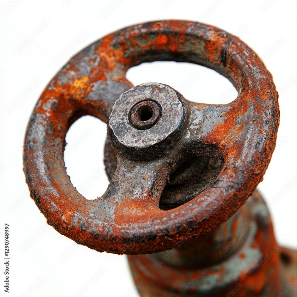 Close-up of an oil well valve, captured with clarity and precision, set against a white background for easy integration into designs, highlighting its heavy-duty construction. Close-up of an oil well valve, captured with clarity and precision, set against a white background for easy integration into designs, highlighting its heavy-duty construction.