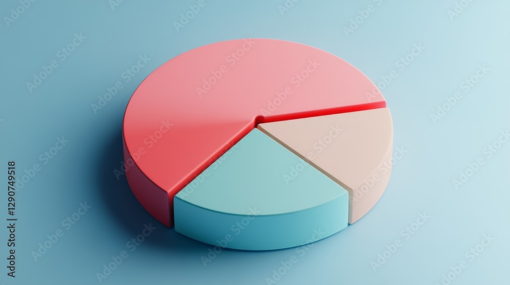 Obraz premium Colorful D pie chart with each segment slightly lifted, casting shadows on a gradient background for a clean and contemporary aesthetic