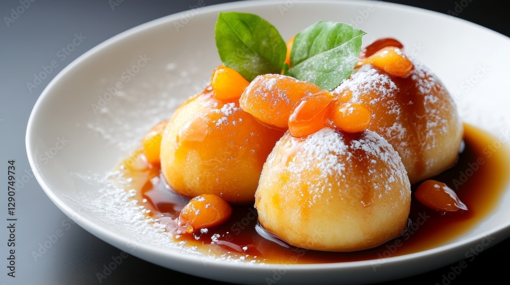Delicious dan ta served with a rich syrup and fruit toppings in an elegant setting Delicious dan ta served with a rich syrup and fruit toppings in an elegant setting