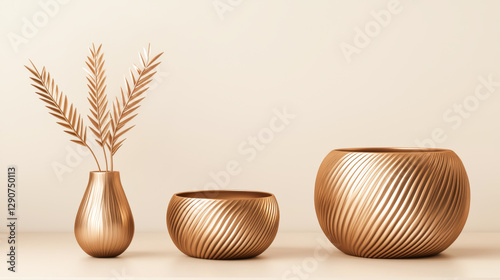 Stylish bronze vases with decorative plants enhance modern interior decor. photo