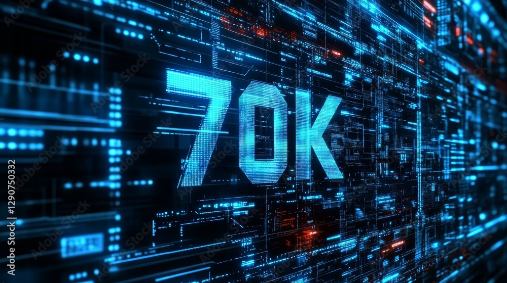Fototapeta premium Glowing 3D Number 70K Digital Circuit Board Background, Celebrating Seventy Thousand Milestone