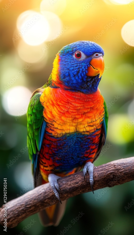 Naklejka premium Vibrant Rainbow Lorikeet Perched on a Branch, Captivating Wildlife Portrait in Nature