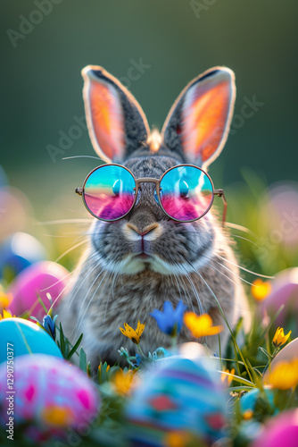 A cool easter rabbit with sunglasses and colorful easter eggs in the background