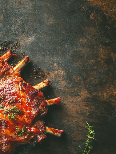 A beautifully cooked rack of lamb with a rich glaze, garnished with fresh thyme, resting on a rustic dark surface.