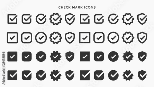 Collection of check mark icons in various styles. Check marks in boxes, circles, and shields. Black check marks, check icons, check symbols for design use. Vector element set.