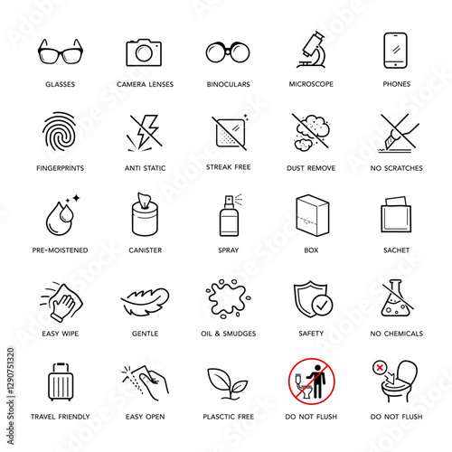 Set icons for lens cleaning products. Suitable for eyeglasses, camera lens, and other optical devices. The outline icons are well scalable and editable. EPS10.	