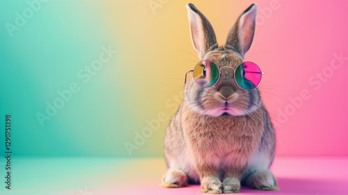 A cool rabbit wearing sunglasses in front of a colorful background