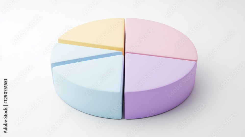 Obraz premium Minimalist D pie chart with muted colors and soft shadows, each segment slightly offset to reveal depth on a white background