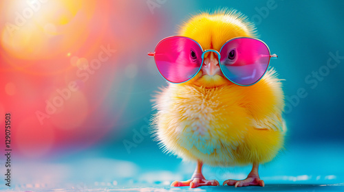 A cute chick with yellow feathers wearing modern sunglasses in front of a colorful background