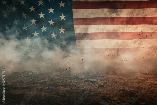 A textured American flag partially obscured by smoke and dust, creating a dramatic and patriotic atmosphere. The background features a rugged terrain, enhancing the mood.