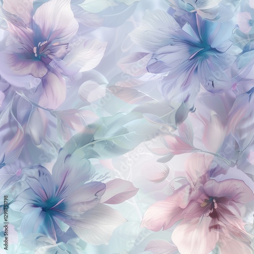 Multi-colored translucent leaves and pastel-colored flowers are superimposed on each other on a soft background, creating a delicate and airy visual effect. The concept of nature.