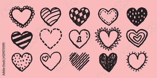 A set of 15 hand-drawn heart designs on a pink background. Each heart features unique patterns like stripes, dots, and checkers. Artistic heart illustrations. Cute Valentine's Day elements, vector.