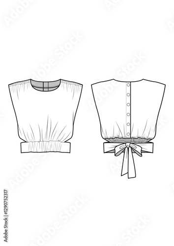 	
summer crop top sleeveless waistband tie cutout back placket technical drawing / flat sketch /CAD / ADOBE Illustrator vector digital download