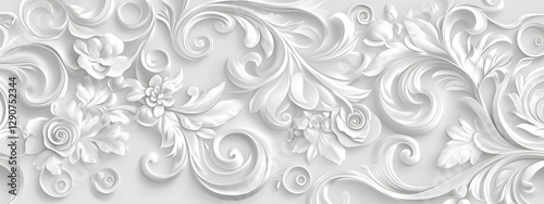 Light gray background with white swirls and floral patterns
