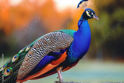 A vibrant peacock displays its colorful plumage, showcasing striking blues, greens, and intricate patterns against a blurred natural background.