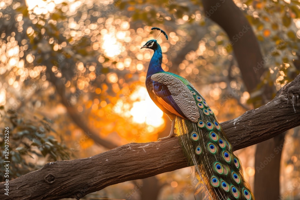 Naklejka premium A vibrant peacock perched on a branch, showcasing its stunning plumage against a warm, glowing sunset backdrop.