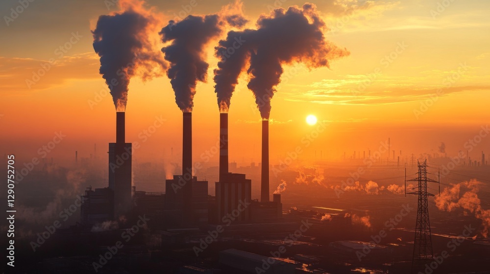 Smoke billowing from industrial smokestacks into a hazy, polluted sky, with dark clouds and sunlight struggling to break through, symbolizing pollution Smoke billowing from industrial smokestacks into a hazy, polluted sky, with dark clouds and sunlight struggling to break through, symbolizing pollution