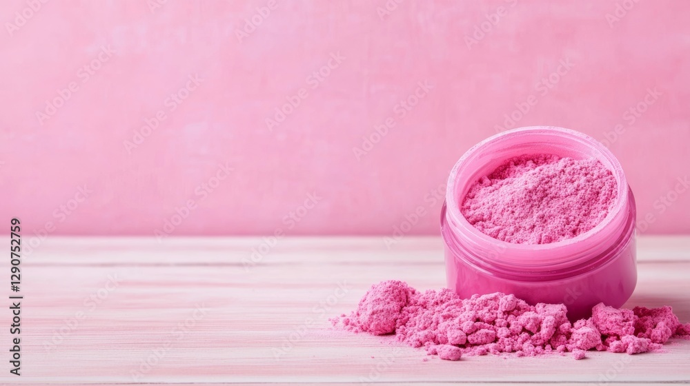 Vibrant pink powder spills from jar against soft pastel background Vibrant pink powder spills from jar against soft pastel background