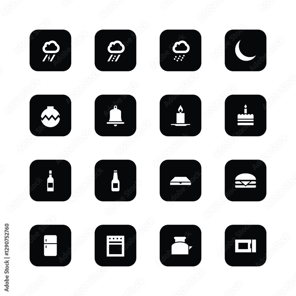 Icon set, weather symbols, holiday icons, food
and drink pictograms, kitchen appliances,
‘minimalist design, black and white, square
icons, simple shapes, flat graphics, app
interface elements, monoch Icon set, weather symbols, holiday icons, food
and drink pictograms, kitchen appliances,
‘minimalist design, black and white, square
icons, simple shapes, flat graphics, app
interface elements, monoch
