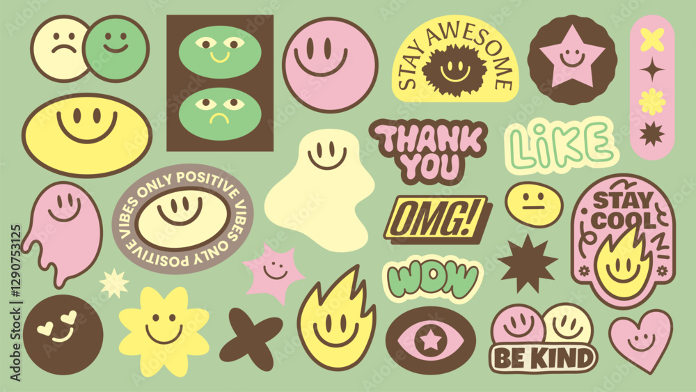 Naklejka premium Colorful stickers with positive vibes, smiley faces, and motivational words like 'Stay Awesome' and 'Be Kind' Fun, cheerful, and uplifting designs Funky stickers, vector set
