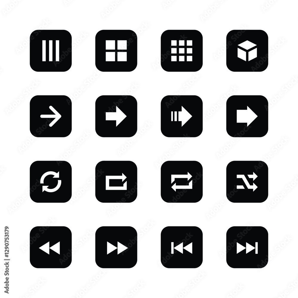 Black and white icons, minimalist design, user
interface elements, navigation symbols, arrow
icons, media control buttons, grid layout,
square buttons, simple geometric shapes,
lean lines, monochrome. Black and white icons, minimalist design, user
interface elements, navigation symbols, arrow
icons, media control buttons, grid layout,
square buttons, simple geometric shapes,
lean lines, monochrome.