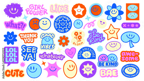 Colorful stickers with smiley faces, stars, and motivational phrases like 'be kind' and 'girl power' Bright, cheerful designs with positive vibes Funky stickers, vector set