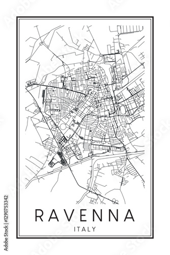 Printable downtown road map poster of the Italian city of RAVENNA on solid white background with city name