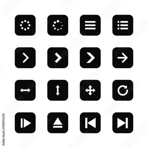 Icon set, minimalist design, black and white,
user interface symbols, loading indicators,
navigation arrows, menu buttons, directional
controls, media playback icons, refresh symbol,
rounded squares, 