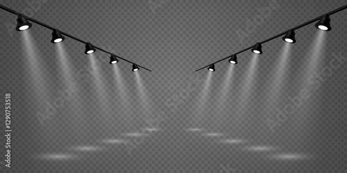 Stage lighting, white spotlights, beautiful lighting. On a transparent background.