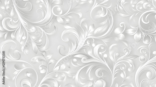 Light gray background with white swirls and floral patterns
