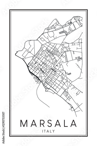 Printable downtown road map poster of the Italian city of MARSALA on solid white background with city name