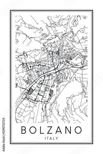 Printable downtown road map poster of the Italian city of BOLZANO on solid white background with city name