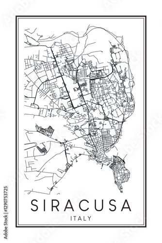 Printable downtown road map poster of the Italian city of SIRACUSA on solid white background with city name