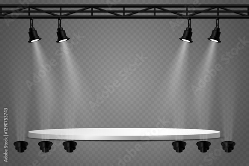 Stage lighting, white spotlights, beautiful lighting. On a transparent background.