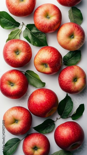 Fresh Red Apples Arranged With Green Leaves on a White Background Showcasing ...
