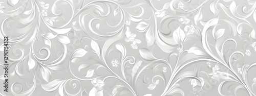 Light gray background with white swirls and floral patterns
