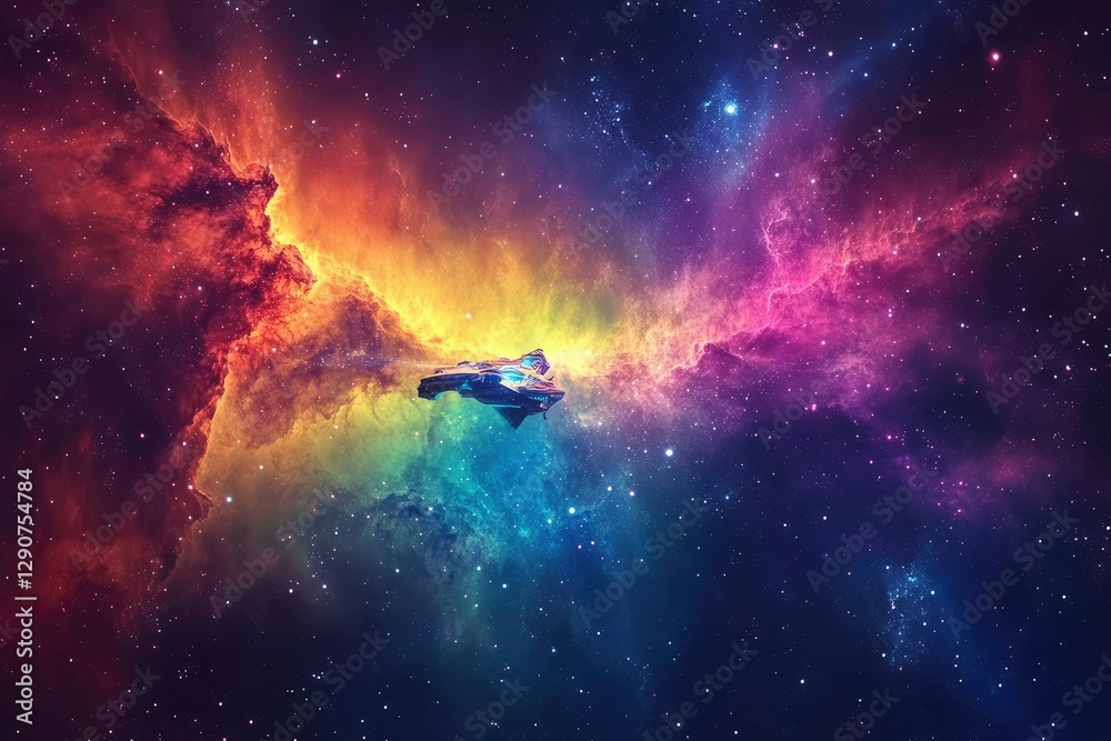 Fototapeta premium A glowing spaceship flying through a nebula illuminated by multi-colored light