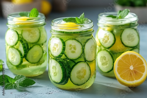 Cucumber and Lemon Pickle Jars Filled With Fresh Ingredients on a Kitchen Cou...
