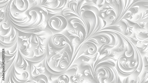 Light gray background with white swirls and floral patterns
