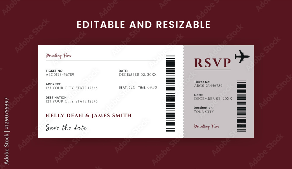 Naklejka premium Boarding Pass Invitation For Airplane and Boat, Cruise Boarding Pass Design Template. Minimalist Airline Ticket and Wedding Invitation.