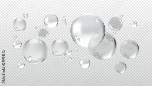 Transparent bubbles on a checkered background. Bubbles of various sizes. Clear bubbles floating. Transparent and shiny bubbles. Checkered backdrop. Soap bubble element vector set.
