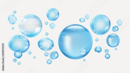 Blue bubbles on a white background. Multiple blue bubbles, large and small. Shiny blue bubbles floating. Blue bubbles create a calming effect. Soap bubble element vector set.