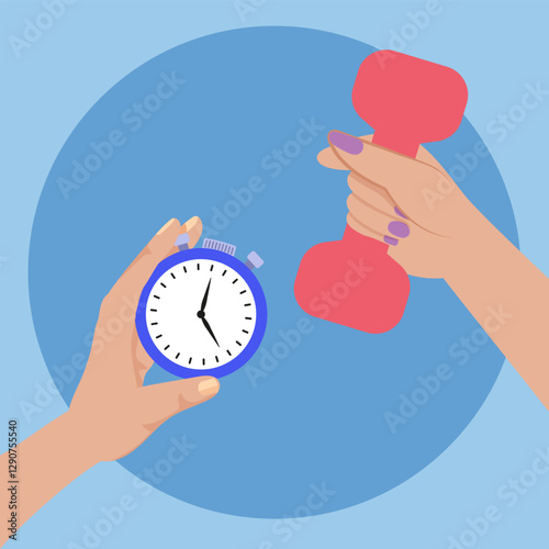 Hands holding stopwatch and dumbbell symbolizing fitness time management